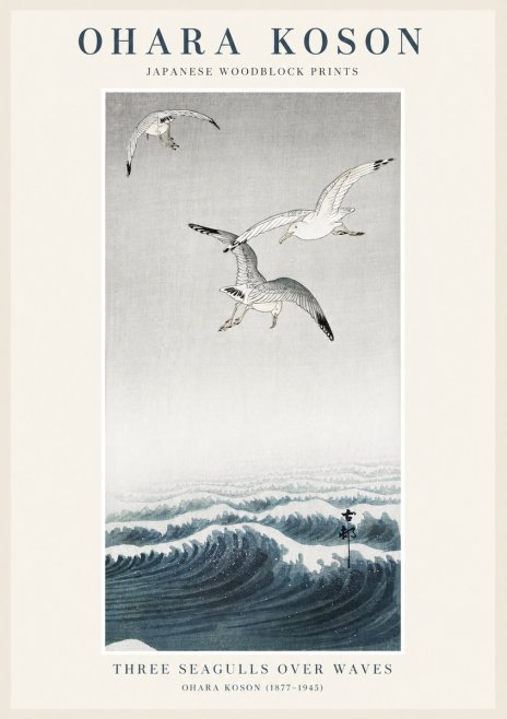 Ohara Koson Three Seagulls over Waves No1 - Póster
