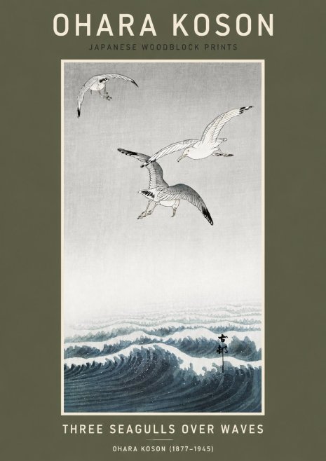 Ohara Koson Three Seagulls over Waves No3 - Póster