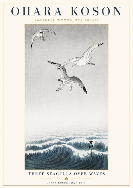 Ohara Koson Three Seagulls over Waves No4 - Póster