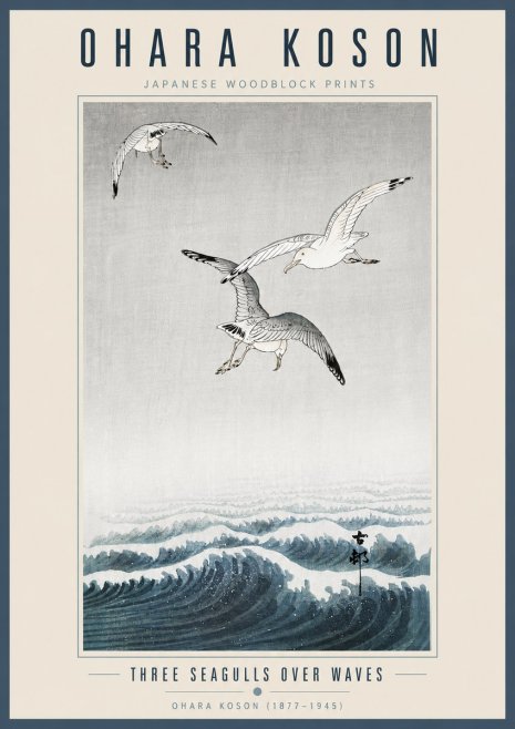 Ohara Koson Three Seagulls over Waves No5 - Póster