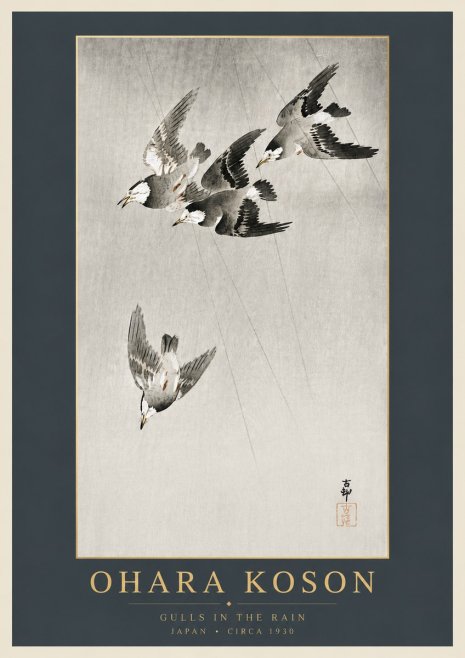 Ohara Koson Gulls in the Rain No6 - Póster
