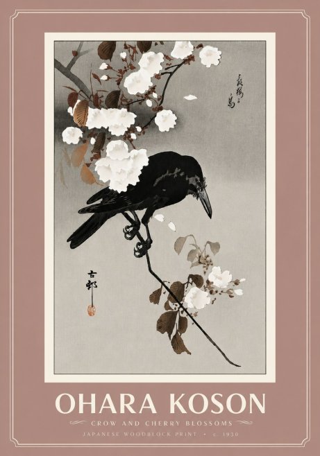 Ohara Koson Crow and Cherry Blossoms No6 - Póster