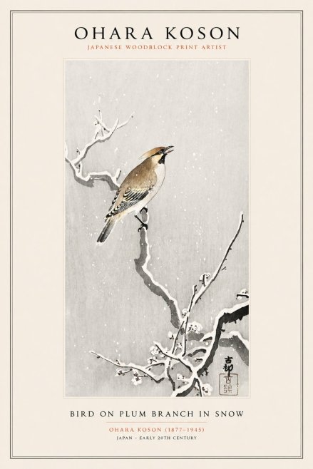 Ohara Koson Bird on Plum Branch in Snow No1 - Póster