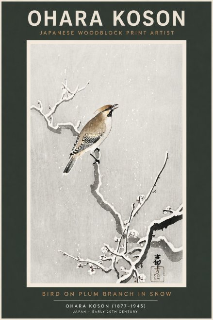 Ohara Koson Bird on Plum Branch in Snow No2 - Póster