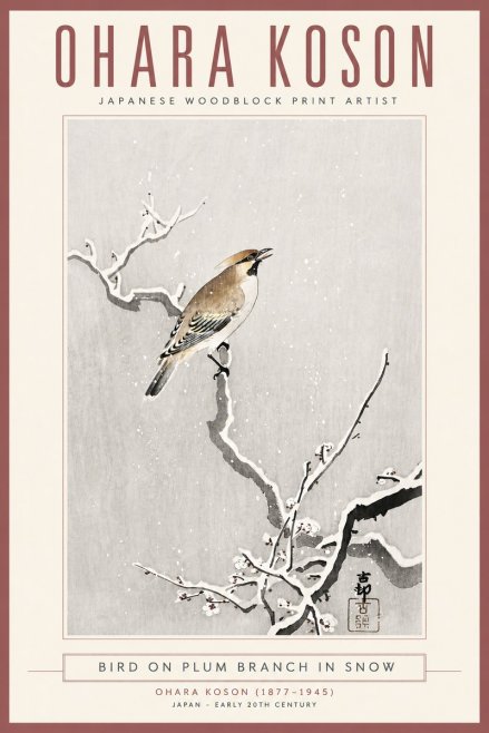 Ohara Koson Bird on Plum Branch in Snow No4 - Póster