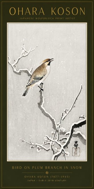 Ohara Koson Bird on Plum Branch in Snow No6 - Póster
