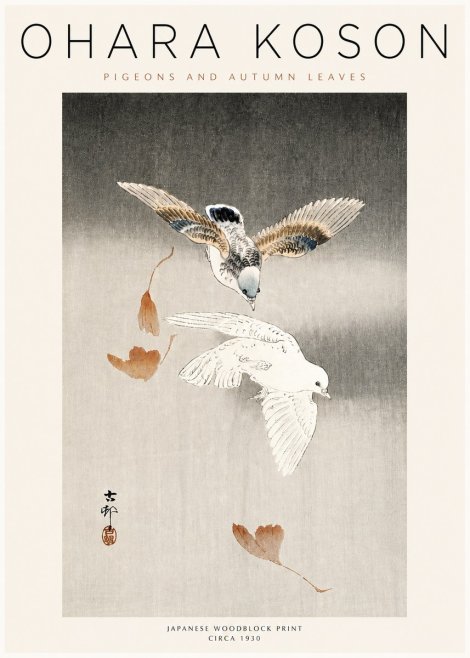 Ohara Koson Pigeons and Autumn Leaves No3 - Póster