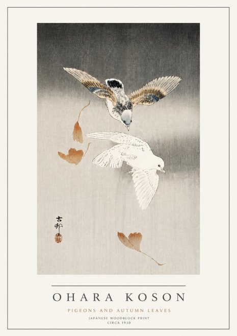 Ohara Koson Pigeons and Autumn Leaves No4 - Póster