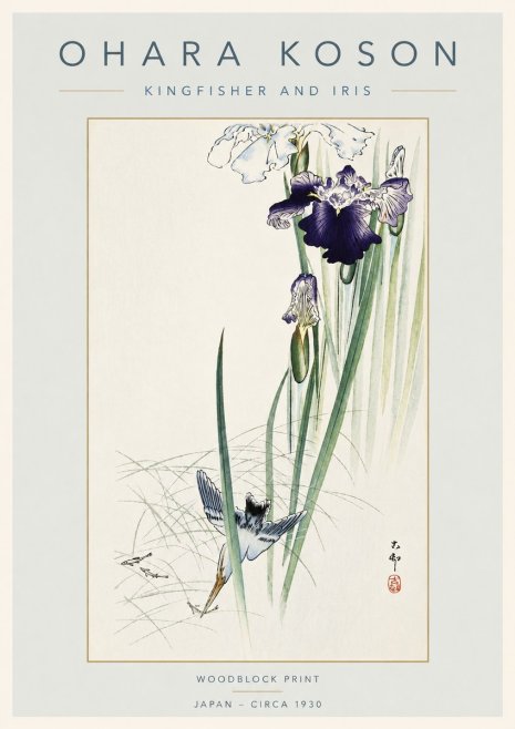 Ohara Koson Kingfisher and Iris No4 - Póster