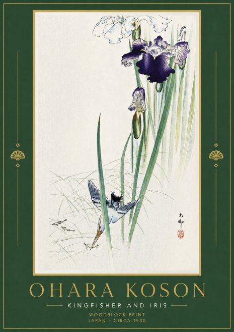 Ohara Koson Kingfisher and Iris No6 - Póster