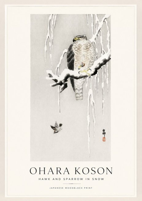 Ohara Koson Hawk and Sparrow in Snow No1 - Póster