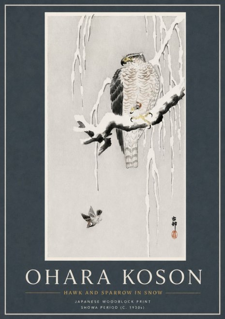 Ohara Koson Hawk and Sparrow in Snow No3 - Póster