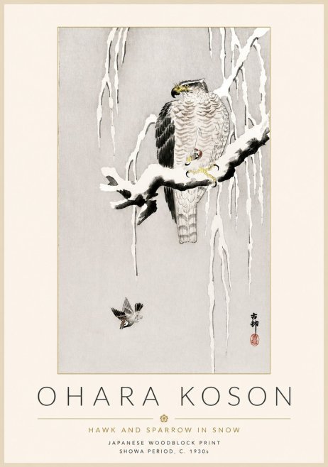 Ohara Koson Hawk and Sparrow in Snow No4 - Póster