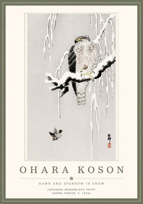 Ohara Koson Hawk and Sparrow in Snow No5 - Póster