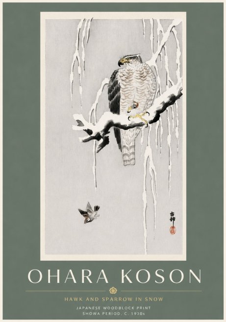 Ohara Koson Hawk and Sparrow in Snow No6 - Póster