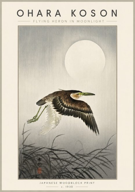 Ohara Koson Flying Heron in Moonlight No6 - Póster