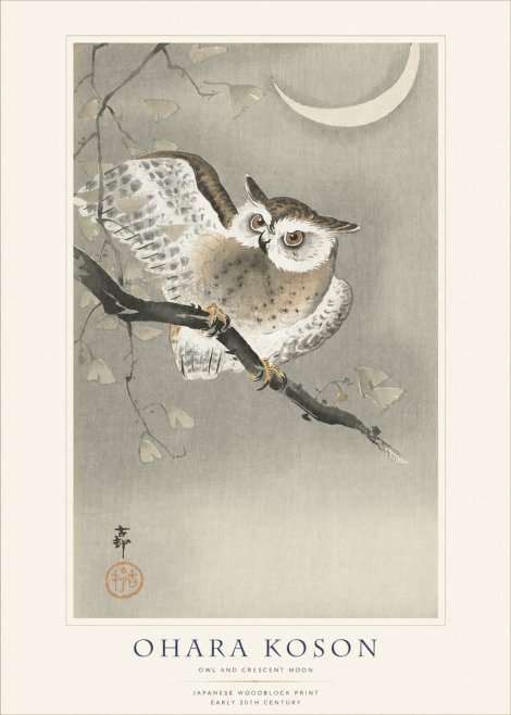 Ohara Koson Owl and Crescent Moon No1 - Póster