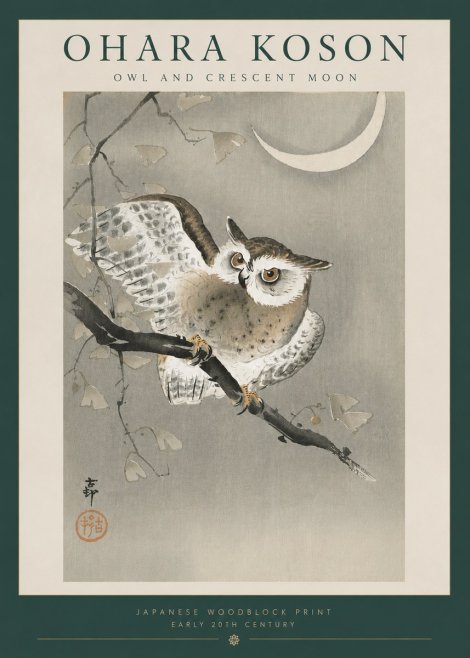Ohara Koson Owl and Crescent Moon No6 - Póster
