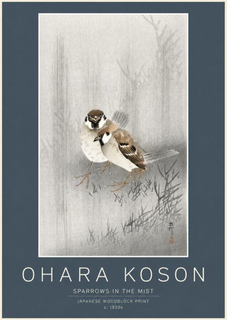 Ohara Koson Sparrows in the Mist No2 - Póster