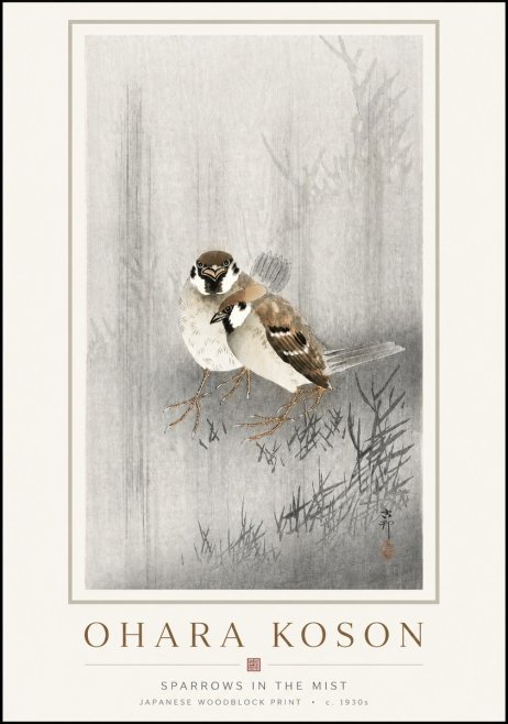 Ohara Koson Sparrows in the Mist No3 - Póster