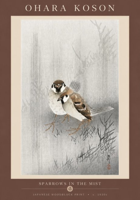 Ohara Koson Sparrows in the Mist No5 - Póster