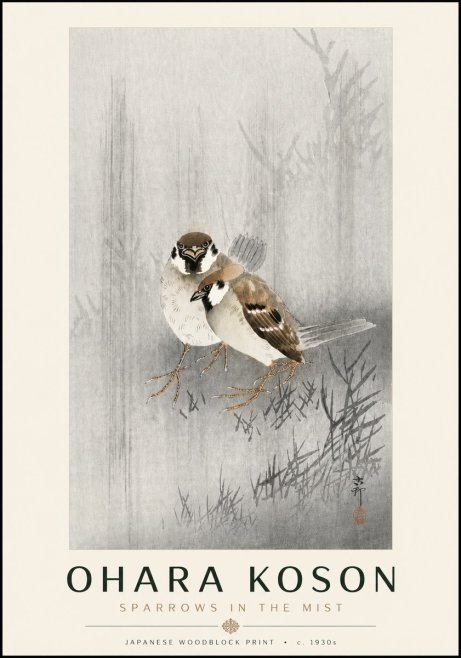 Ohara Koson Sparrows in the Mist No6 - Póster