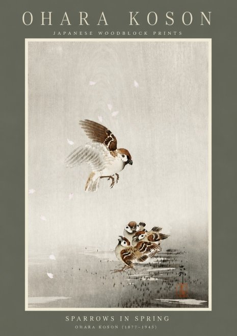 Ohara Koson Sparrows in Spring No4 - Póster