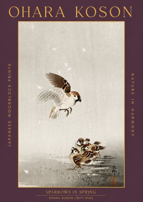 Ohara Koson Sparrows in Spring No5 - Póster