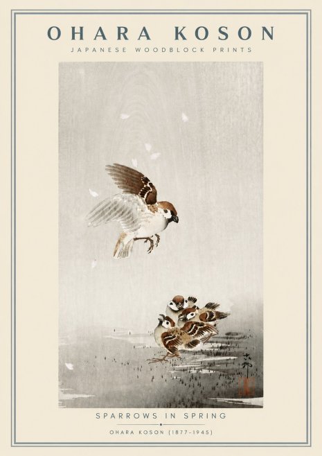 Ohara Koson Sparrows in Spring No6 - Póster