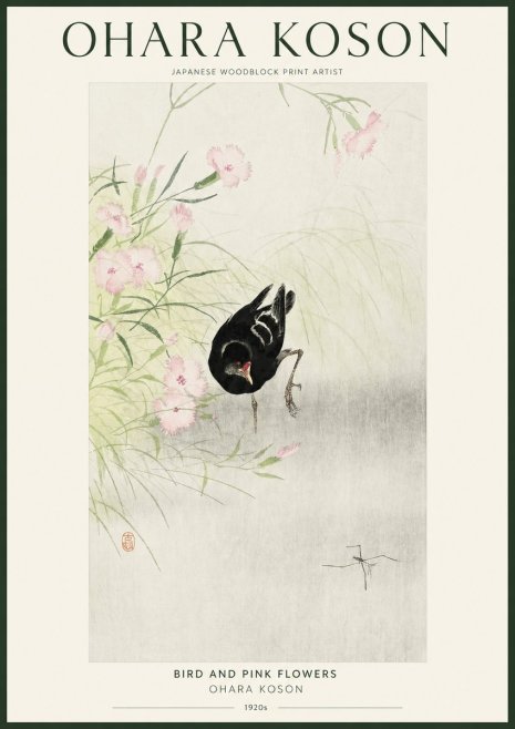 Ohara Koson Bird and Pink Flowers No1 - Póster