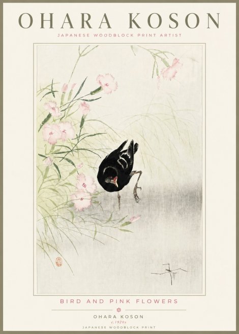 Ohara Koson Bird and Pink Flowers No4 - Póster