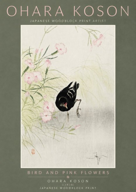 Ohara Koson Bird and Pink Flowers No5 - Póster