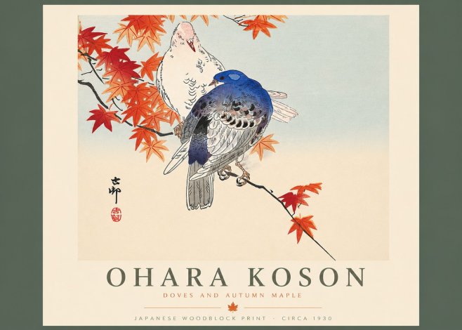 Ohara Koson Doves and Autumn Maple No4 - Póster