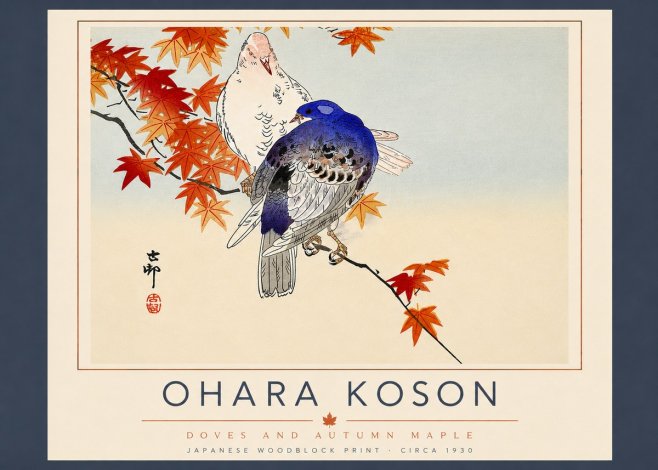Ohara Koson Doves and Autumn Maple No5 - Póster