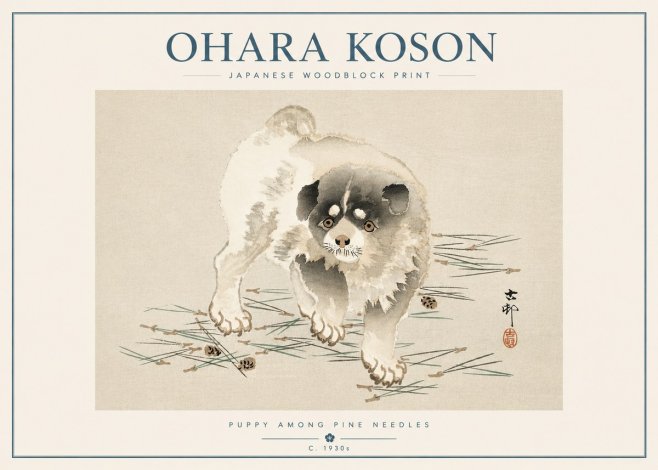 Ohara Koson Puppy Among Pine Needles No5 - Póster