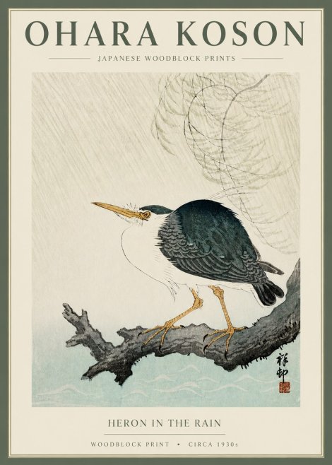 Ohara Koson Heron in the Rain No2 - Póster