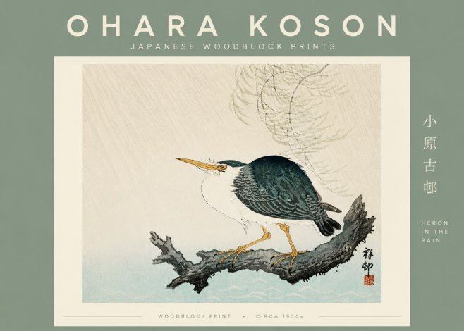 Ohara Koson Heron in the Rain No6 - Póster