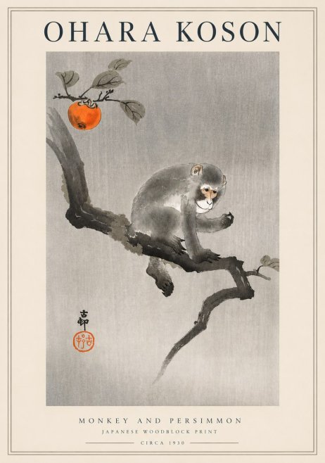 Ohara Koson Monkey and Persimmon No3 - Póster
