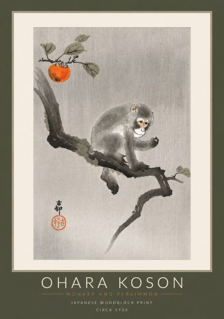 Ohara Koson Monkey and Persimmon No6 - Póster