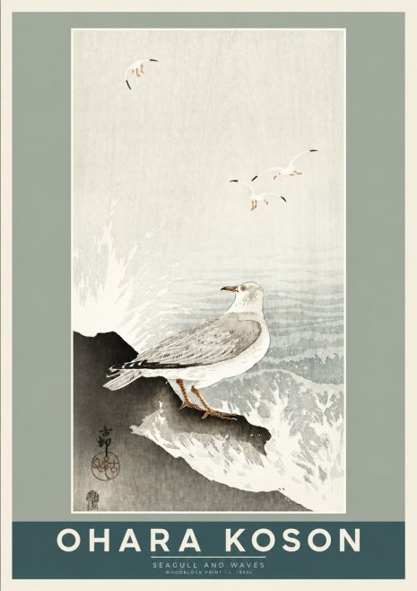 Ohara Koson Seagull and Waves No2 - Póster