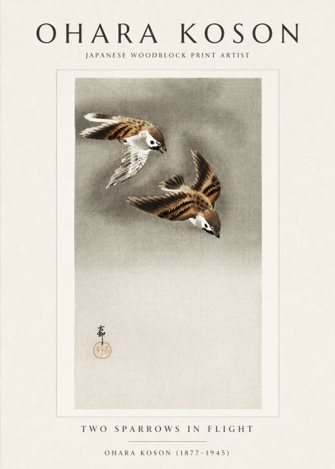 Ohara Koson Two Sparrows in Flight No1 - Póster