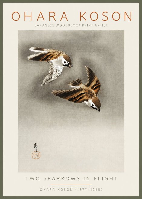 Ohara Koson Two Sparrows in Flight No2 - Póster