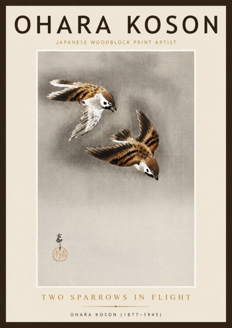 Ohara Koson Two Sparrows in Flight No6 - Póster