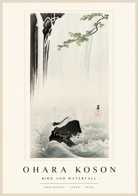 Ohara Koson Bird and Waterfall No1 - Póster