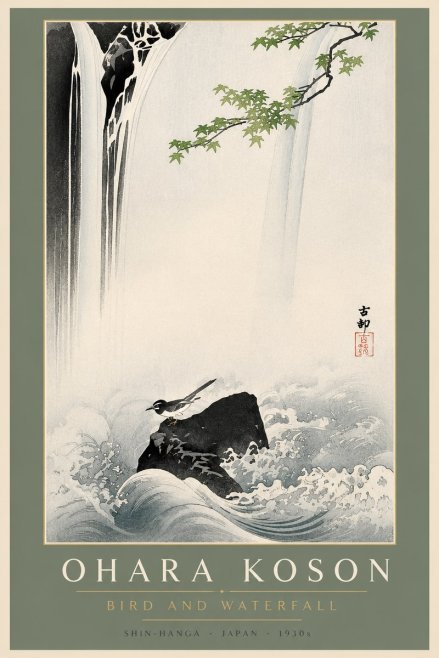 Ohara Koson Bird and Waterfall No2 - Póster