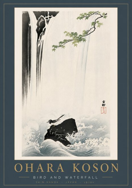 Ohara Koson Bird and Waterfall No6 - Póster