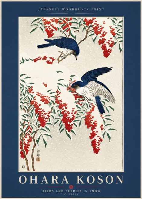 Ohara Koson Birds and Berries in Snow No2 - Póster
