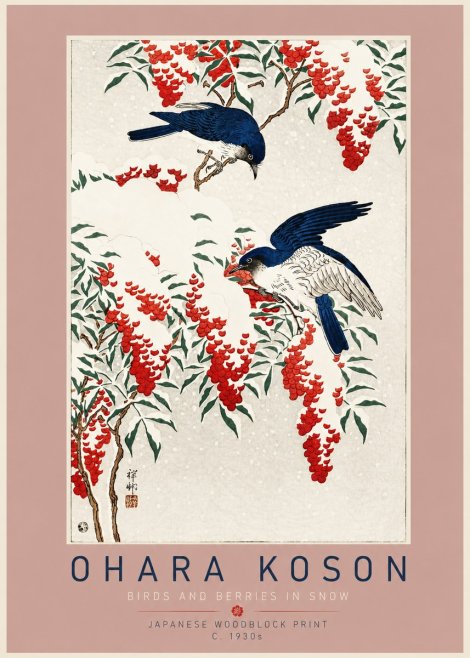 Ohara Koson Birds and Berries in Snow No4 - Póster