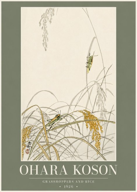 Ohara Koson Grasshoppers and Rice No2 - Póster