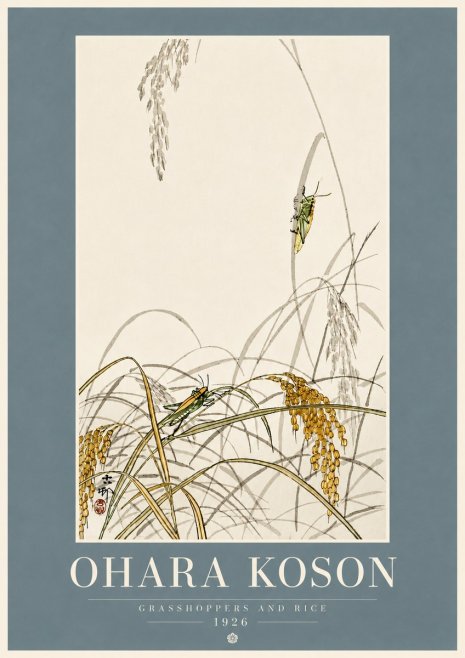 Ohara Koson Grasshoppers and Rice No5 - Póster